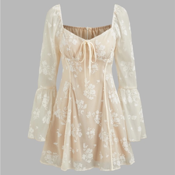 Cream Floral Lace Knotted Mini Dress - Picture 1 of 4